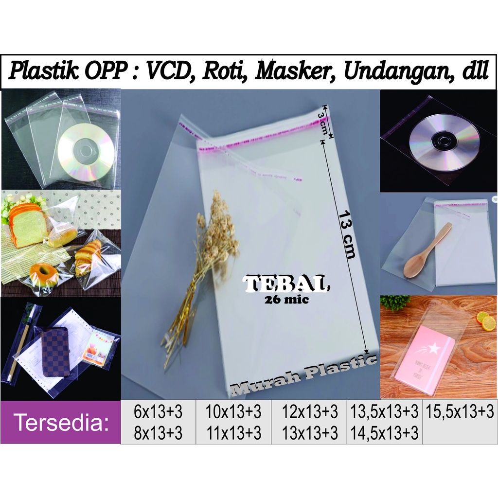 Plastik OPP LEM TEBAL VCD/DVD 6X13; 8X13; 9X13; 10X13; 11X13; 11X13; 12X13 13X13 13,5X13; 14,5X13; 15,5X13 ISI 100 PCS