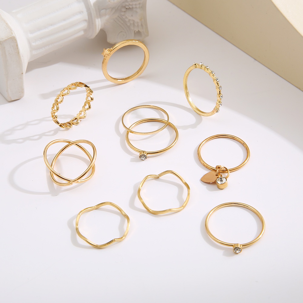 YEEZII 10pcs / Set Cincin Model Terbuka Adjustable Liontin Hati Asimetris Hias Berlian Gaya Retro Untuk Wanita