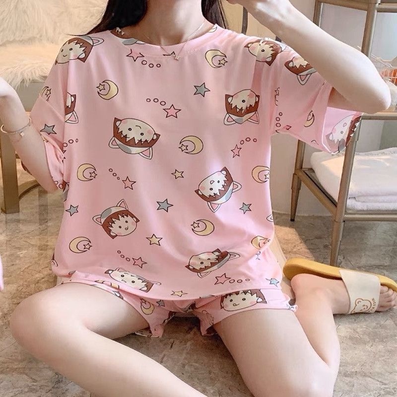 Baju Tidur Wanita Style Korea Import / Setelan Piyama Lengan Pendek, Celana Pendek Motif Kartun Adem Dan Lembut