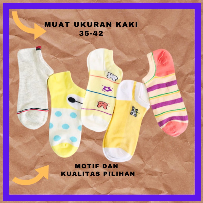 KAOS KAKI PENDEK WANITA. 5 PASANG KAOS KAKI WANITA PENDEK. KAOS KAKI MOTIF WANITA IMPORT