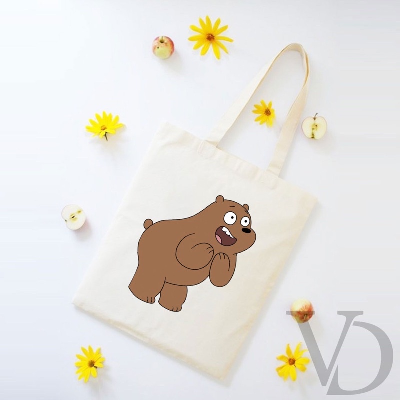TOTE BAG BAHAN KANVAS GRIZZLY CUTE TOTE BAG / TAS BELANJA MOTIF KOREA