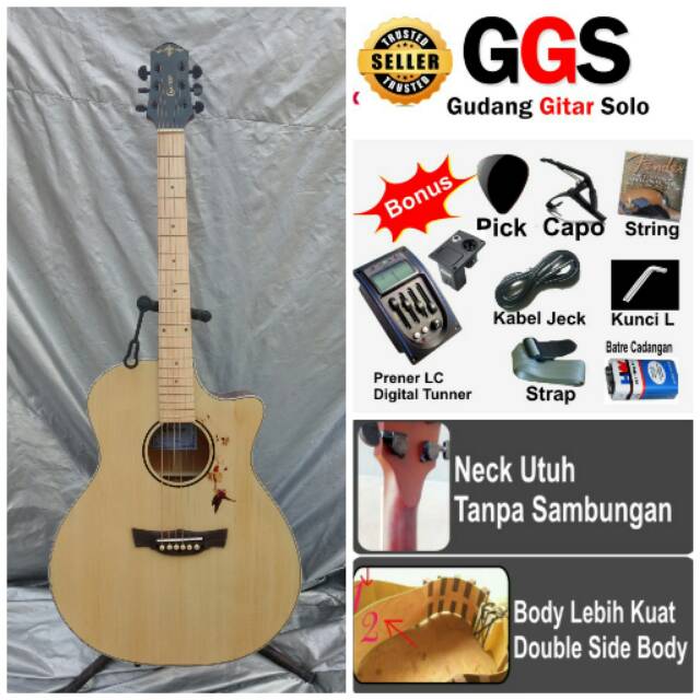 gitar akustik elektrik tuner digital murah dua lapis neck utuh tidak sambung