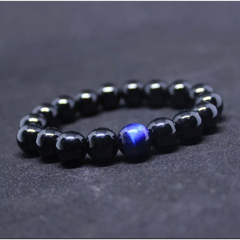 [Bayar di Tempat] Gelang Pria Batu Giok Hitam Kombinasi Batu Tiger Eye Biru Super Keren