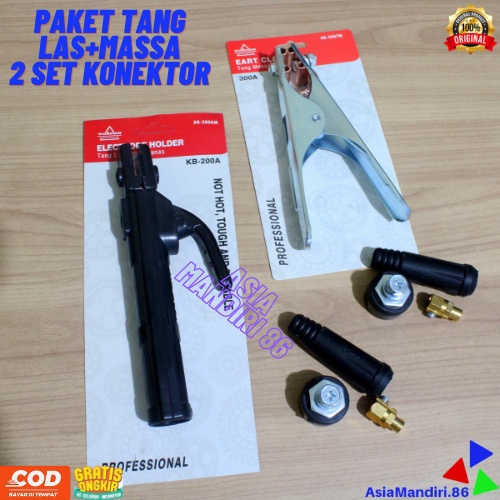 PAKET TANG LAS 200A + TANG MASSA 300A + 2 SET KONEKTOR LAS / Electrode Holder MMA 200A  / Earth Clamp Stang Tang Las Klem Masa 300A / Set Kabel Konektor Male Female Connector Las 10 - 25 mm Mesin Las YUKIDO