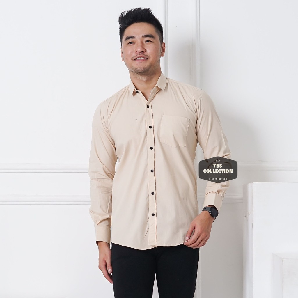 Kemeja Pria Lengan Panjang Polos Cream Krem Slimfit Casual Ada Big Size Jumbo 819 - EightNineTeen