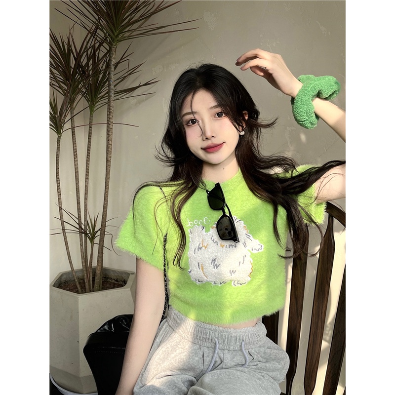 #Sisjuly# Wanita Murni Desire Lengan Pendek Sweater Rajut Wanita Musim Panas Pendek Gadis Panas Keta