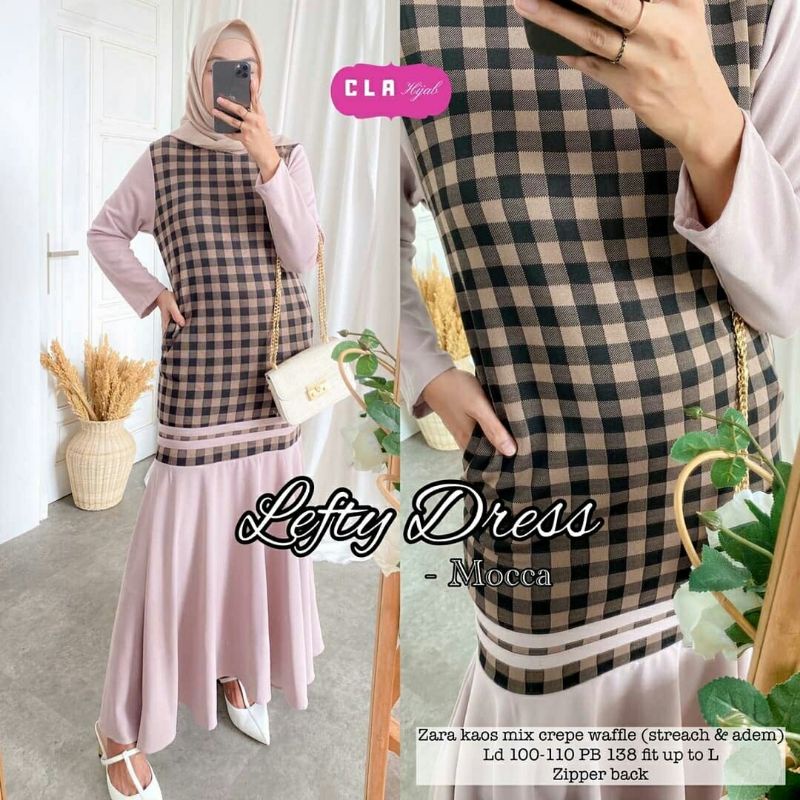 Lefty Dress mocca grey maroon navy gamis Maxi cewek Zara kaos crepe waffle LD 100 - 110 motif kotak
