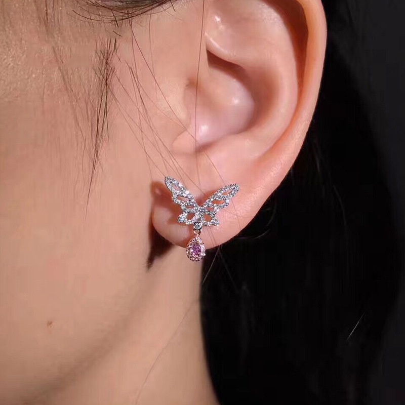 Anting Tusuk Berlian Model Kupu-Kupu Warna Pink Untuk Wanita