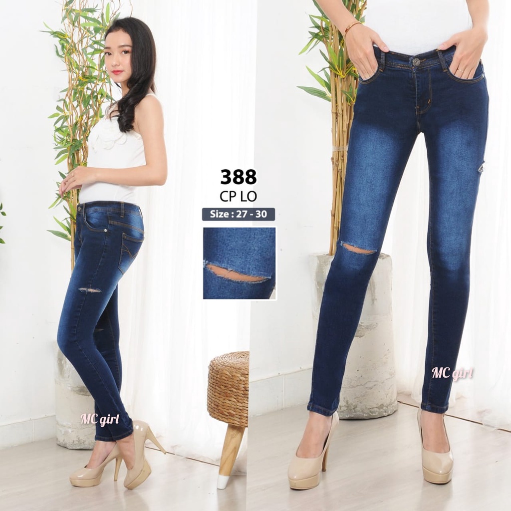 ( Size 31 - 34 ) MC girl - Celana Jeans Sobek Tidak Ada Lapis Jumbo Wanita / Celana Lepis Ripped Garis Big Size Cewek / Denim Pants Skinny Koyak Samping Tembus / Celana Panjang Pensil Cewe / Lgo