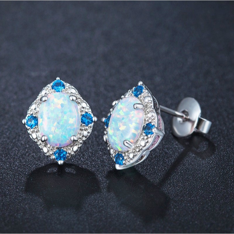 Fashion Jewelry Stud Earrings Rhombic Pattern Earring With White Oval Opal For Women Gifts