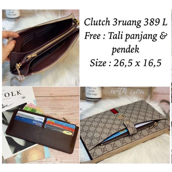 Cluctch 389-1 import 3 ruang free tali panjang dan pendek uk 26.5x16.5cm