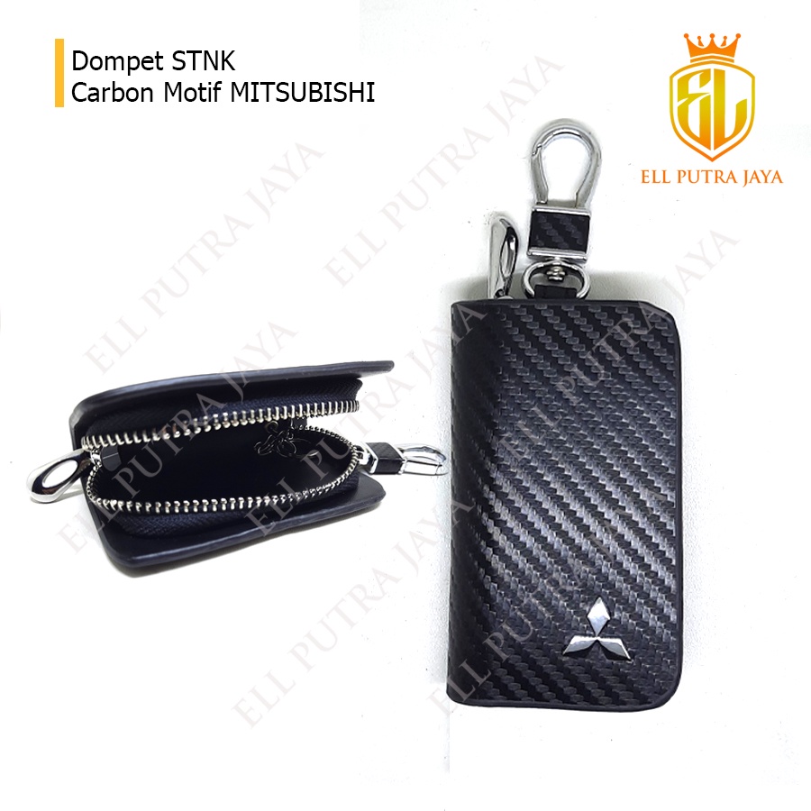 Dompet STNK Gantungan Kunci Motif Carbon Hitam Logo Mitsubishi