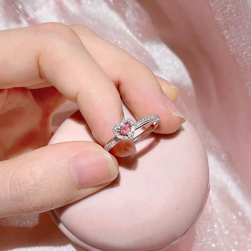 Cincin Sterling Silver 925 Desain Hati Hias Kristal Kubik Zirconia Warna Pink Untuk Wanita