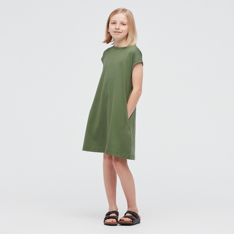 UNIQLO KIDS  Girls Gaun Katun Lembut Lengan French Dress Terusan Polos Santai Basic Hijau Army 140