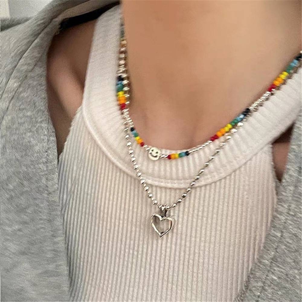 【COD Tangding】2pcs Kalung Choker Klavikula Hias Liontin Manik-Manik Hati Smiley Face Gaya Korea Untuk Perempuan