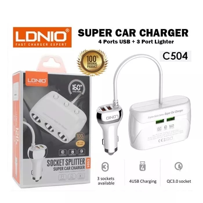 CAR Cahrger LDNIO LC504 ORIGINAL 3 Slot dan 2 Colokan USB 3A - FAST CHARGING - Casan MOBIL