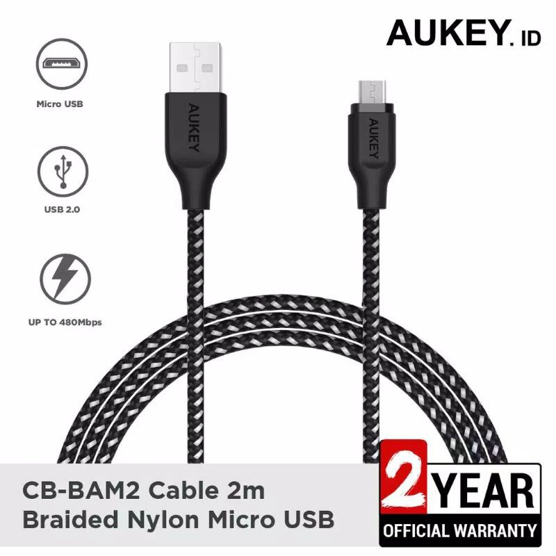 Kabel Charger Micro USB Aukey CB-BAM2 2m Braided Nylon USB 2.0 Original