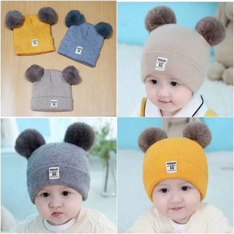 Topi Polos Pom Pom(15)/Topi kupluk bayi 0-3 tahun