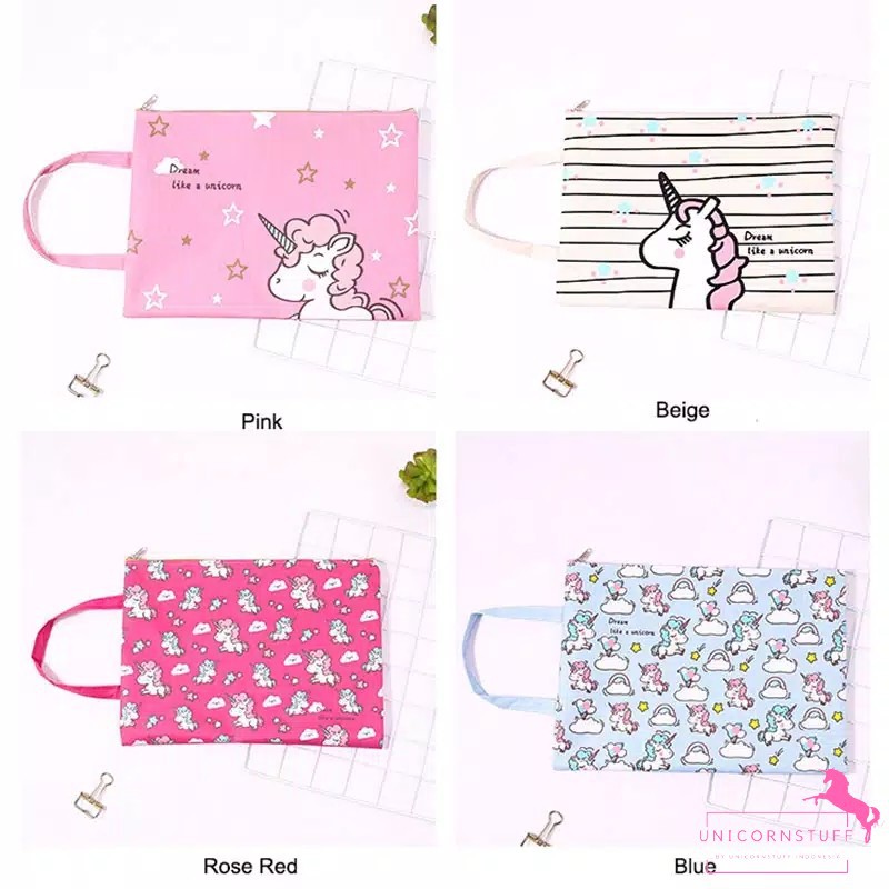 Map Kain Unicorn A4 Anak Sekolah Pouch Make Up Kertas Resleting