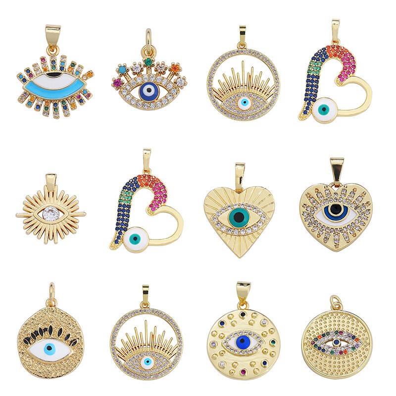 1pc Kristal Zirkon Berlapis Emas Tangan Fatima Salib Yunani Evil Eye Enamel Charms Untuk Membuat Kalung Gelang Liontin DIY