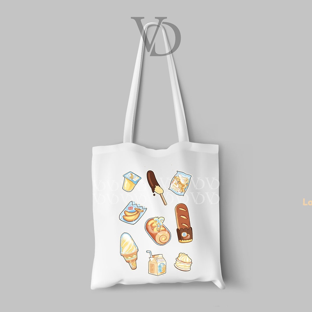 TOTE BAG BAHAN KANVAS MOTIF makanan snack foodies cute / korean TOTE BAG / TAS BELANJA korea