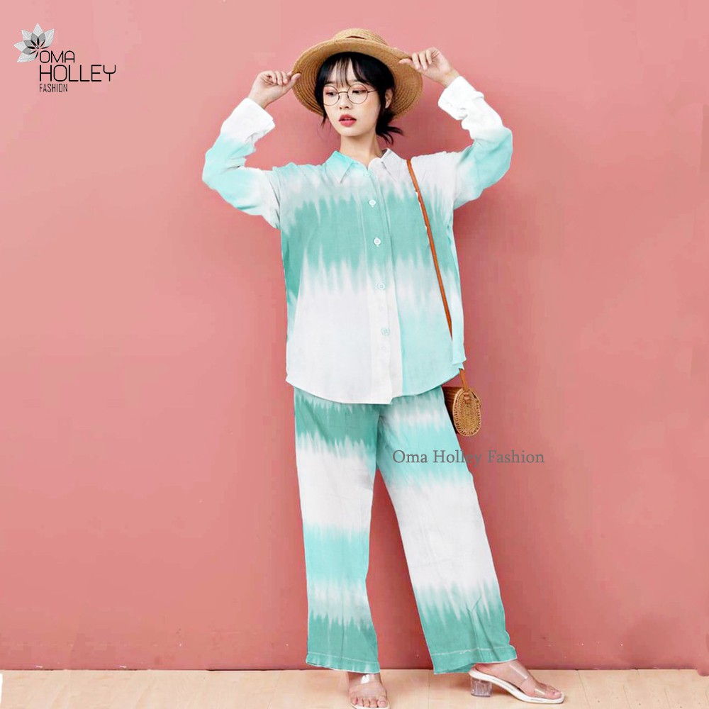 (COD) OH Fashion Tie Die Piyama Kancing One set Long (Uniclo) #C003 (S - L)