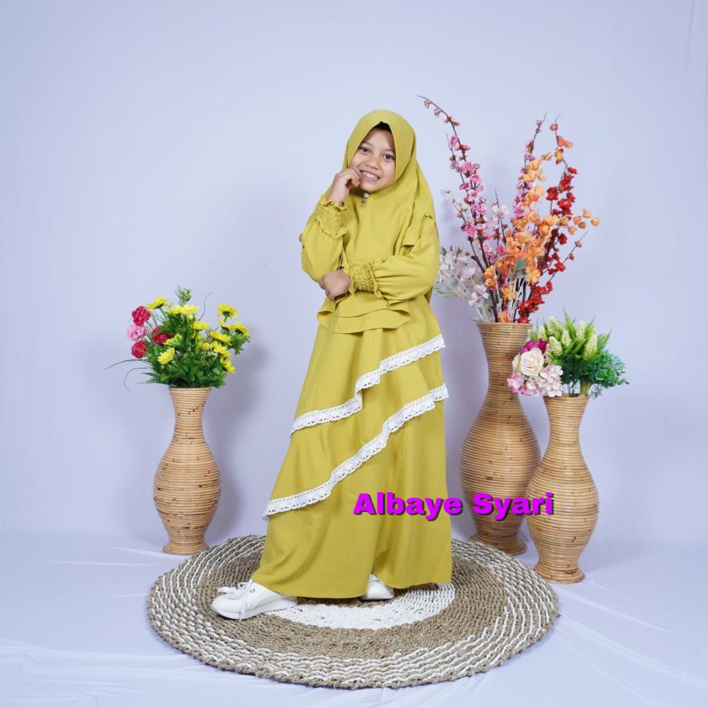 Gamis  Anak Syari Polos Renda Set Khimar ( Warna Hijau Lemon) (Bahan Wolly Crepe)