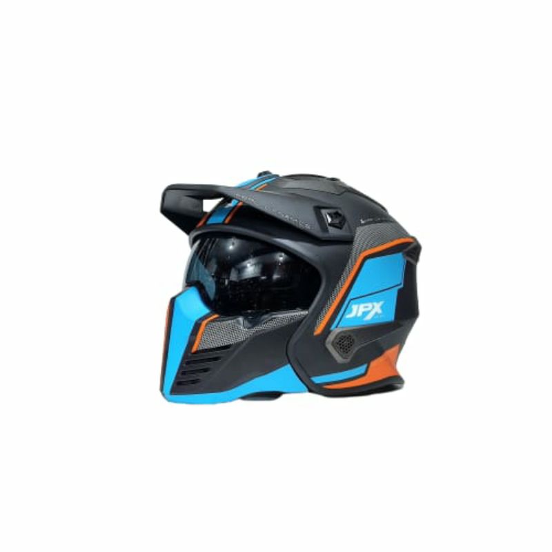 Helm JPX MX 726-R Motif MX01 Hitam/Biru/Oren Doff Full Face Half Face