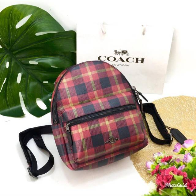 COACH Mini Charlie Backpack in Riley Paid tas checkered kotak kotak maroon red merah original