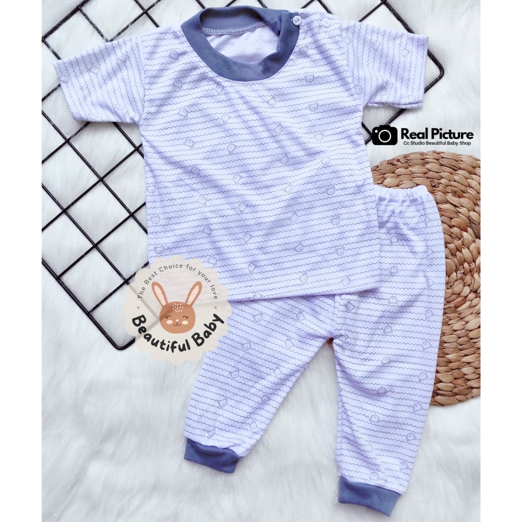 Setelan Baju Bayi Lengan Pendek Celana Panjang / Baju Bayi Pendek Motif Salur Beruang / Celana Bayi Pendek / Kaos &amp; Baju Anak Bayi Kancing Pundak / Baby.ou