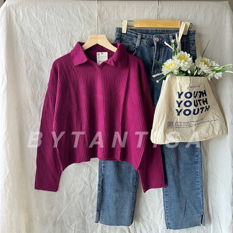 SWEATER RAJUT KERAH MOTIF SECER WANITA/COLLAR CROP