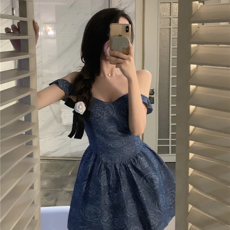 korean style dress tea break dress denim girl rose dress high waist v neck off shoulder gaun lengan