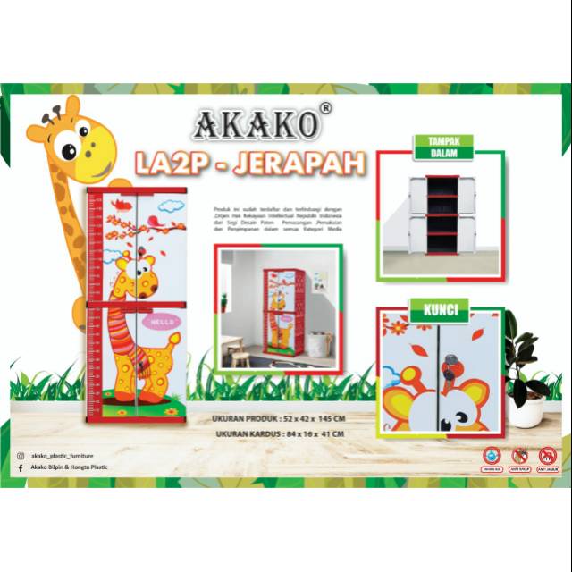 LEMARI PAKAIAN PLASTIK ANAK KARAKTER AKAKO MINI 4 SUSUN FULL KUNCI