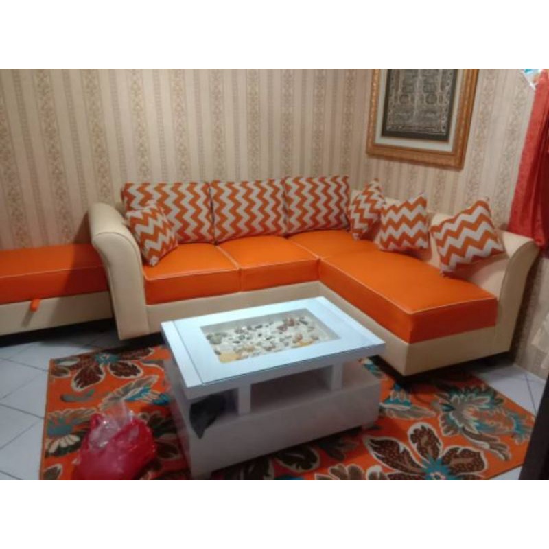Sofa L Putus Minimalis Uj.210x140 + Puft + Meja - Nerima Tukar tambah sofa lama