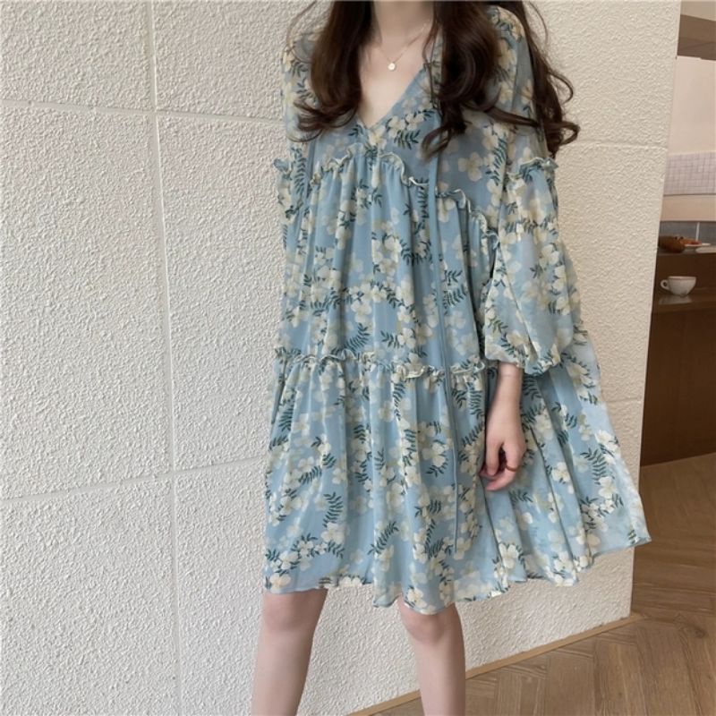 MDLV ~ 6960# Carlotta Loose Mini Dress Babydoll Dress Bigsize Blue Flower Fashion Import