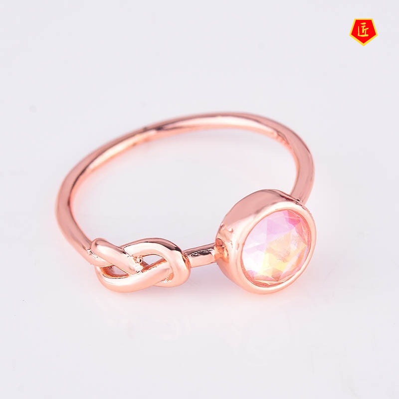 [Ready Stock]Creative Knotted Pink Crystal Moonstone Ring Female 18K Rose Gold