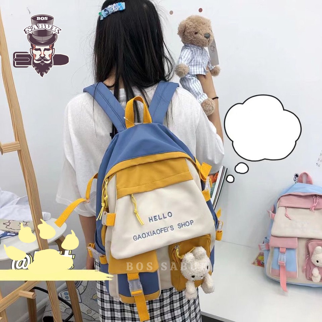 Tas Sekolah Korean Style Tas Ransel Wanita Backpack Korea Fashion Tas Wanita  -BS184-Biru Tua Boneka