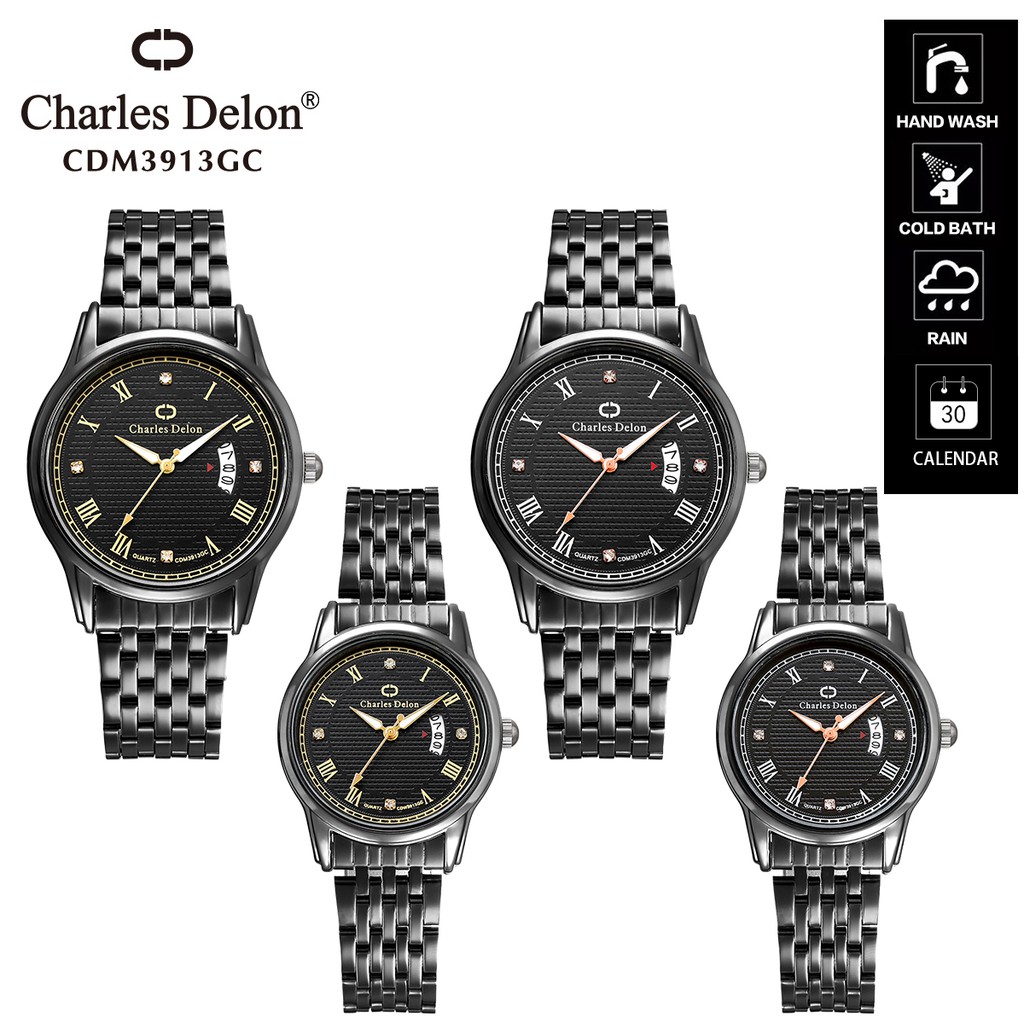 Jam Tangan Wanita Pria Couple Watch Rantai Anti Air Tanggal Box Original Charles Delon 3913 GC RH