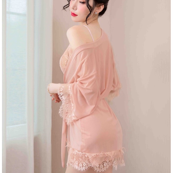 ORANGE ADULT Lingerie Seksi Baju Tidur Lace Seksi Lingerie Sexy Gaun Malam Seksi Lapisan Luar + Dalam - Peach1281