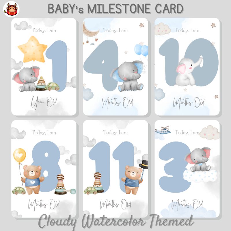 Baby Milestone Card Premium Design Watercolored Baby Boy Cloudy themed Kartu Selfie Bayi High Quality desain terbaru