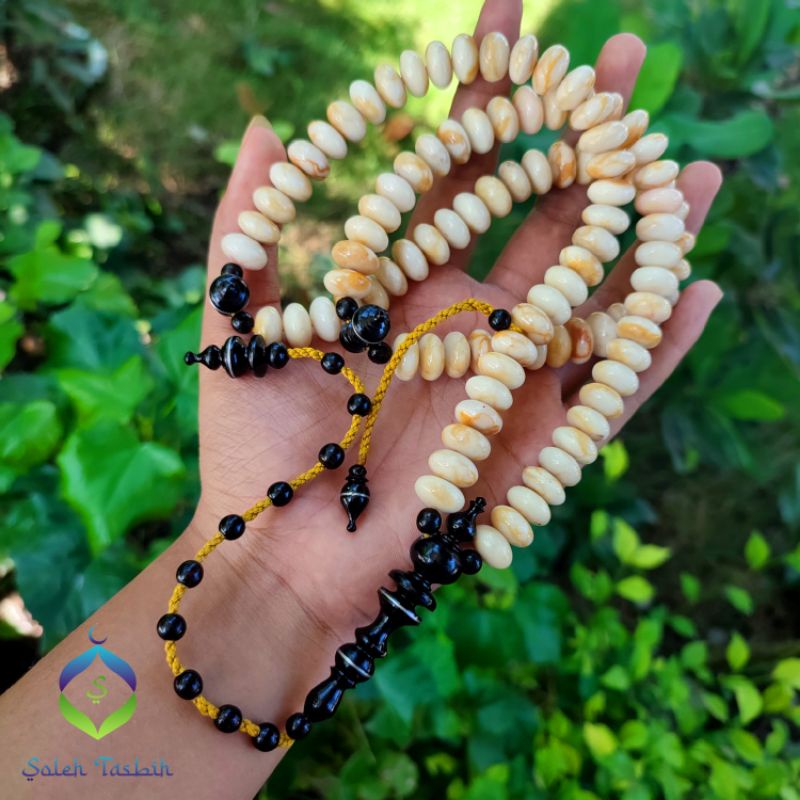 Tasbih Batu Coral Marjan Putih Pipih Super, Size 12mmx7mm Asli