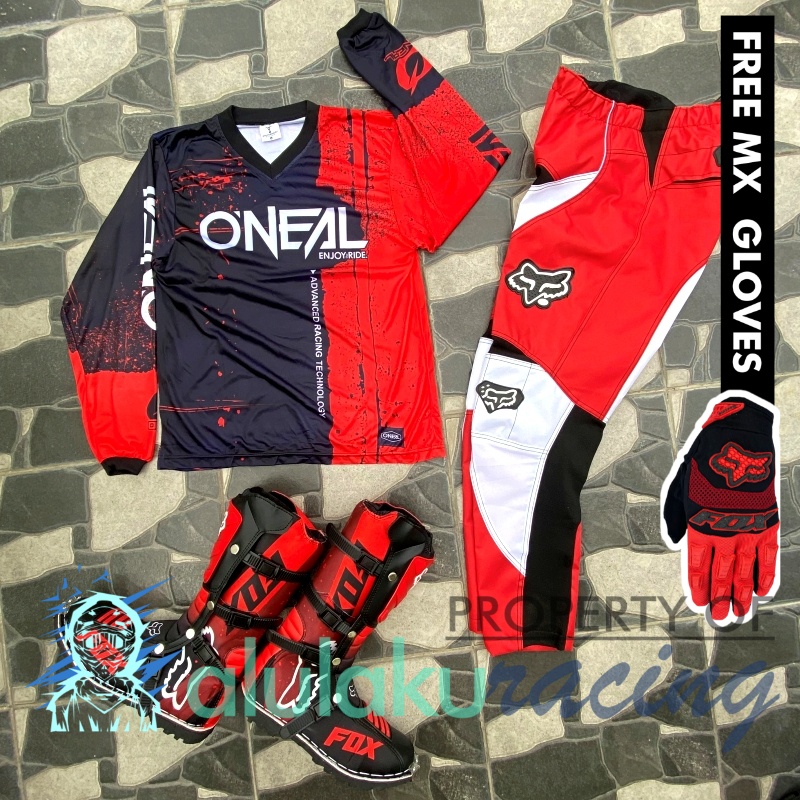 Jersey, Celana, Sarung Tangan &amp; Sepatu Fullprint with Protectors Fullset MX Trail Motocross - Paket Bundling ONCTFG031003-F43