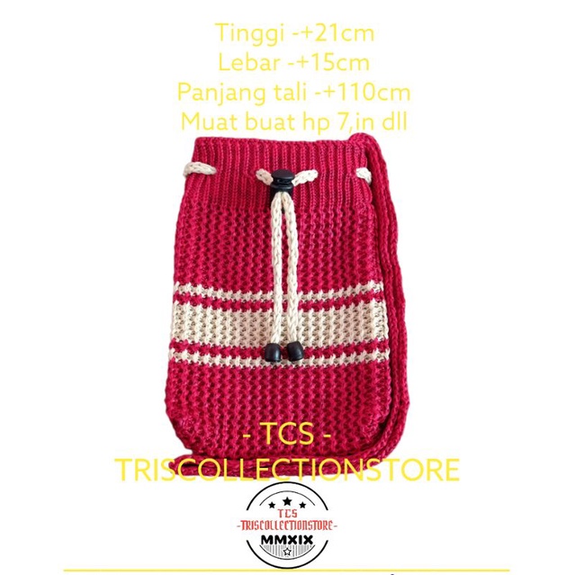Promo tas rajut selempang wanita model serut buat hp dll, kekinian, viral, merah/marun, (serut strip