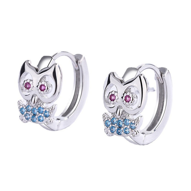 Anting Tusuk Sterling Silver 925 Desain Burung Hantu Hias Kristal Zircon Biru Untuk Wanita