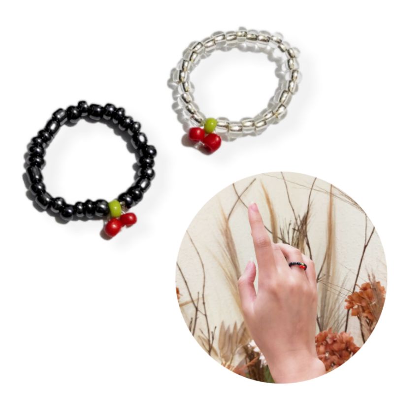 Cincin Cherry Beads Elastis Bohemian Elastic Ring Buah Korean Style