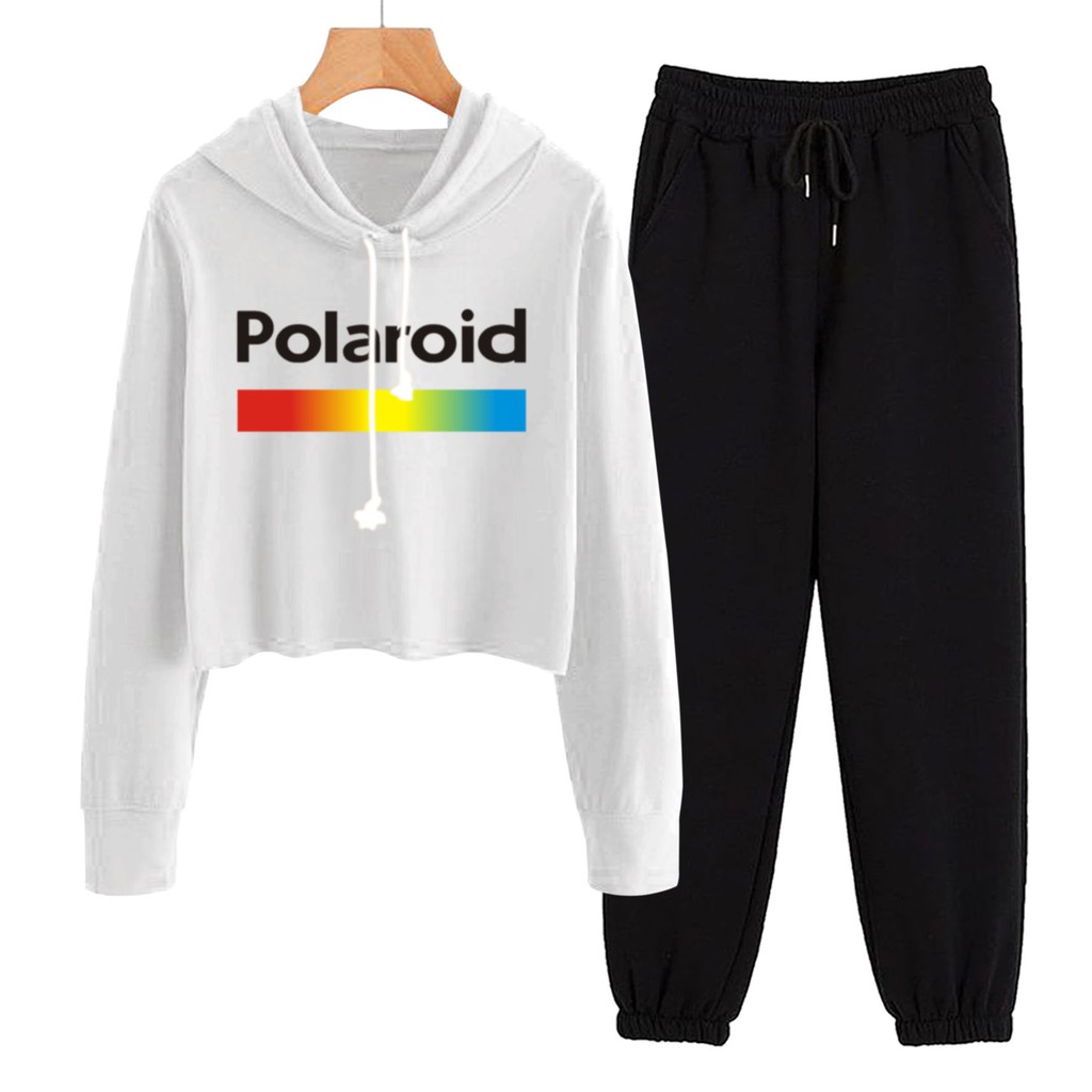 BESS - Baju Setelan Wanita Murah / Setelan Hoodie Crop + Jogger Hitam - POLAROID