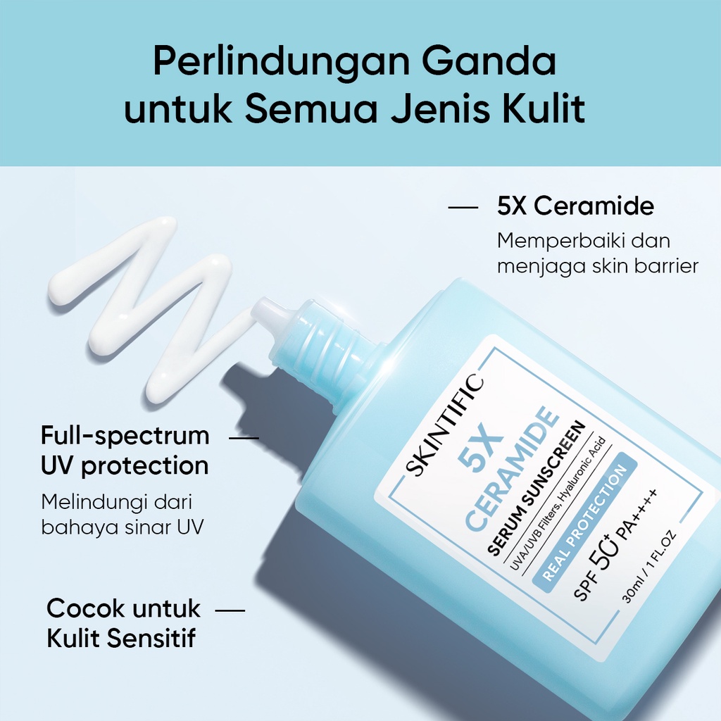 SKINTIFIC 5X Ceramide Serum Sunscreen SPF50 PA++++ Tabir Surya Skincare Sunblock Untuk skin barrier rusak kulit sensitif Facial Sunscreen Light Sunscreen Serum Wajah 30ml