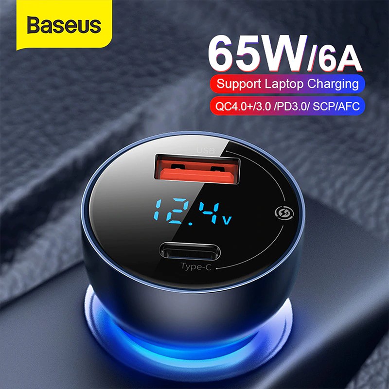 BASEUS 65W CAR CHARGER MOBIL FAST CHARGING TYPE C PD+USB QUICK CHARGE