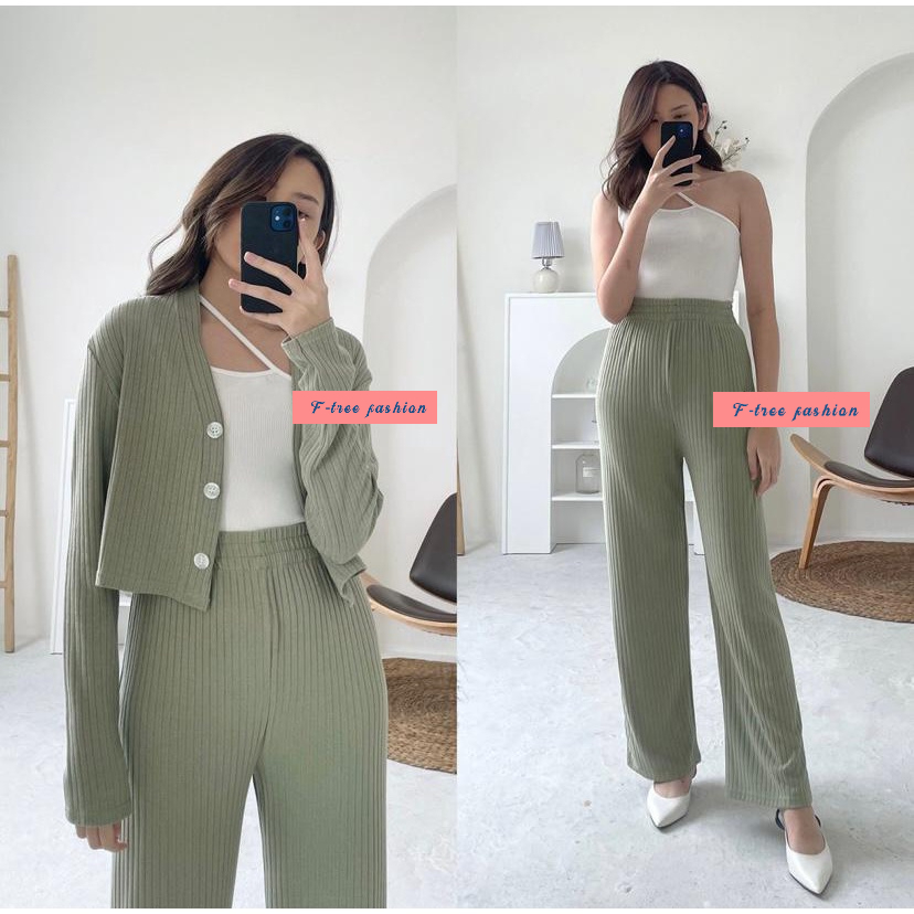 [FTREE] One Set Baju Setelan Celana Wanita Terbaru Outer Kekinian knit rib cardigan kulot