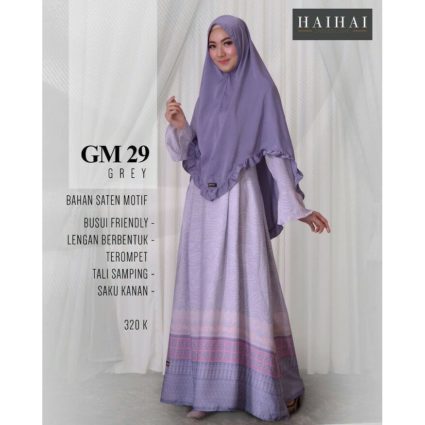 Gamis Set Jilbab HaiHai GM 29 Bahan Satin Warna Abu Busui Friendly